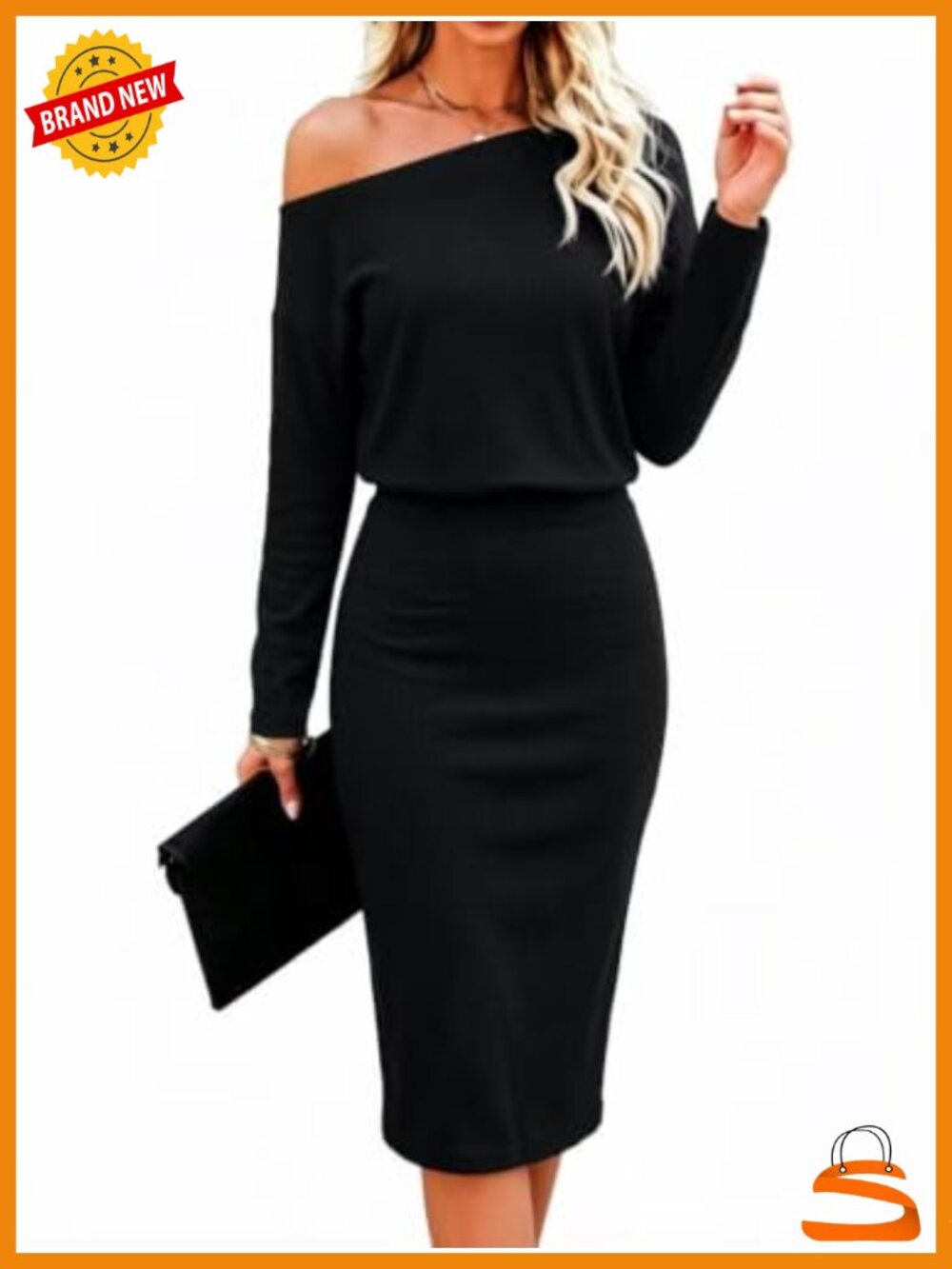 Off Shoulder Long Sleeve Bodycon Midi Dress Ribbed Knit Batwing